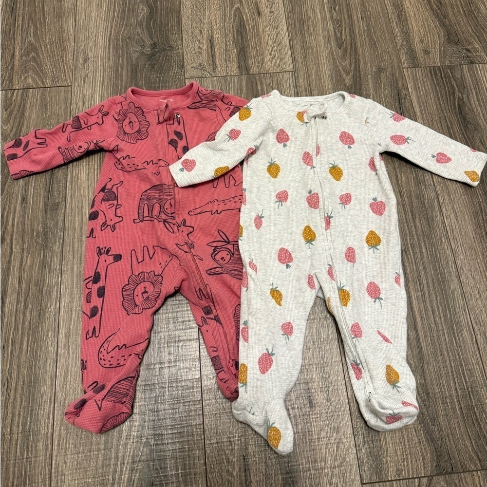 Carters Baby Girl Waffle Zip One Piece  Pajamas Set Of 2 3-6 Months Pink Gray
